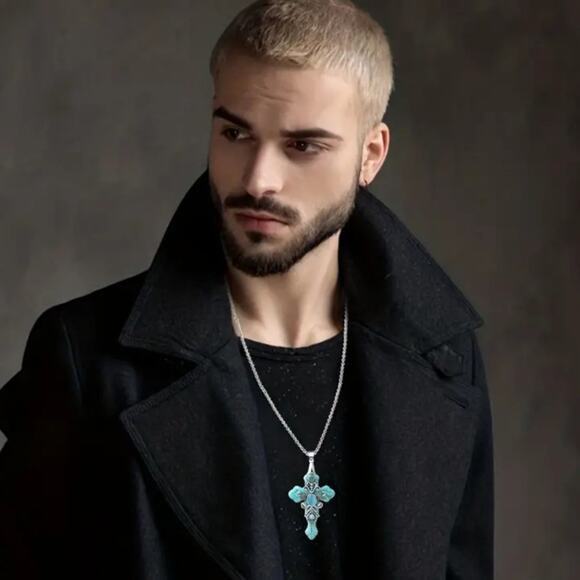 Turquoise Cross Necklace Western Native American Faith Fashion Birthday Gift NEW - Picture 2 of 4